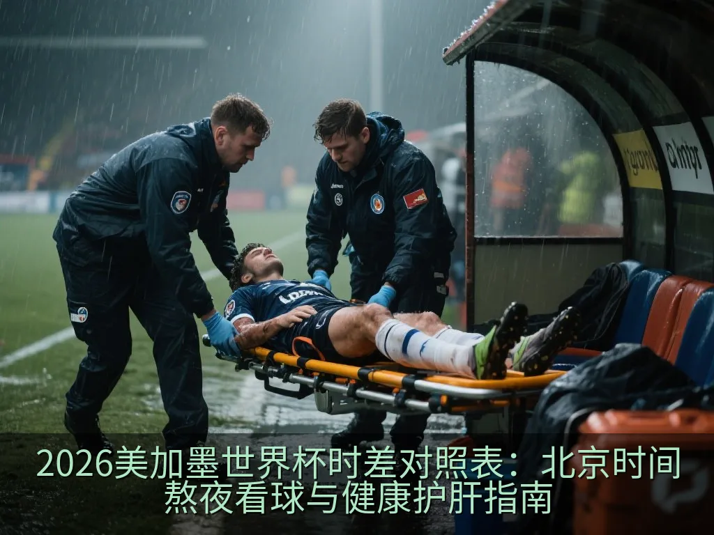 准备了新鲜水果、坚果和温水的健康看球桌面，背景为模糊的绿色球场画面